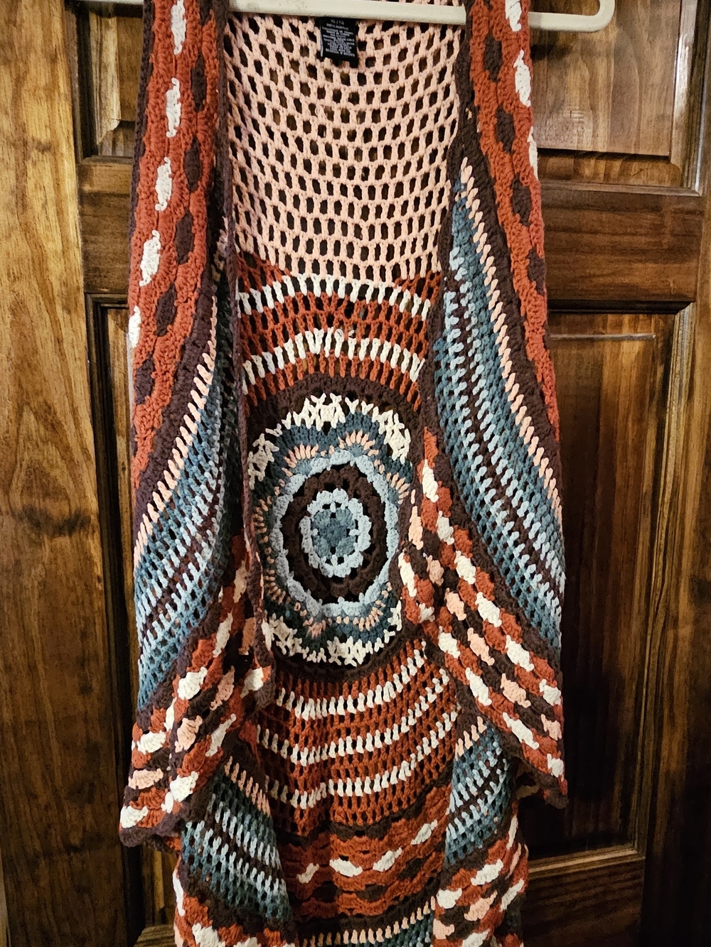 Justify Boho Crochet Open-Front Vest in Rust, Teal & Cream